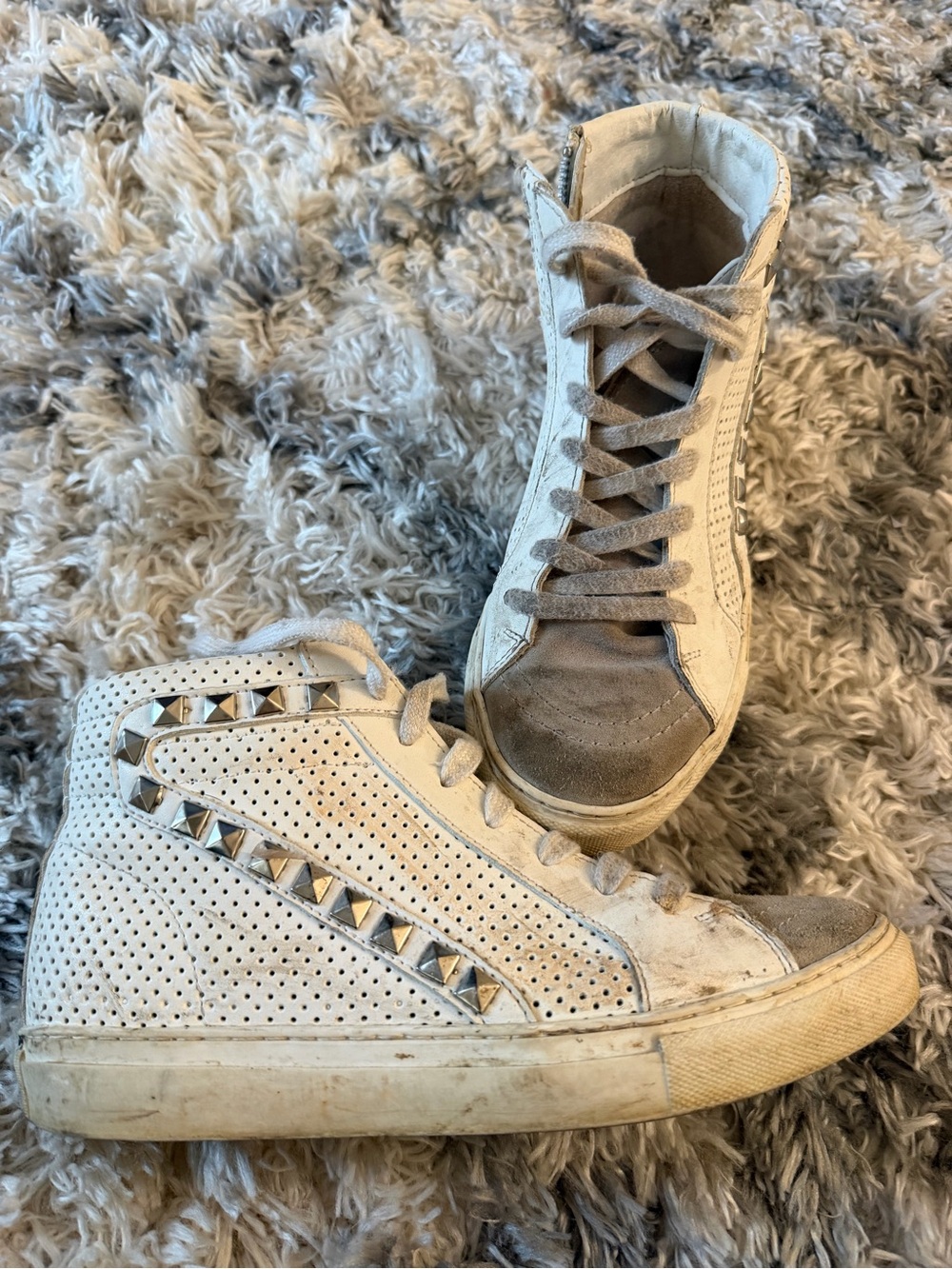 Steve Madden Women’s High-Top Studded Casual Sneakers in Off-White and Taupe